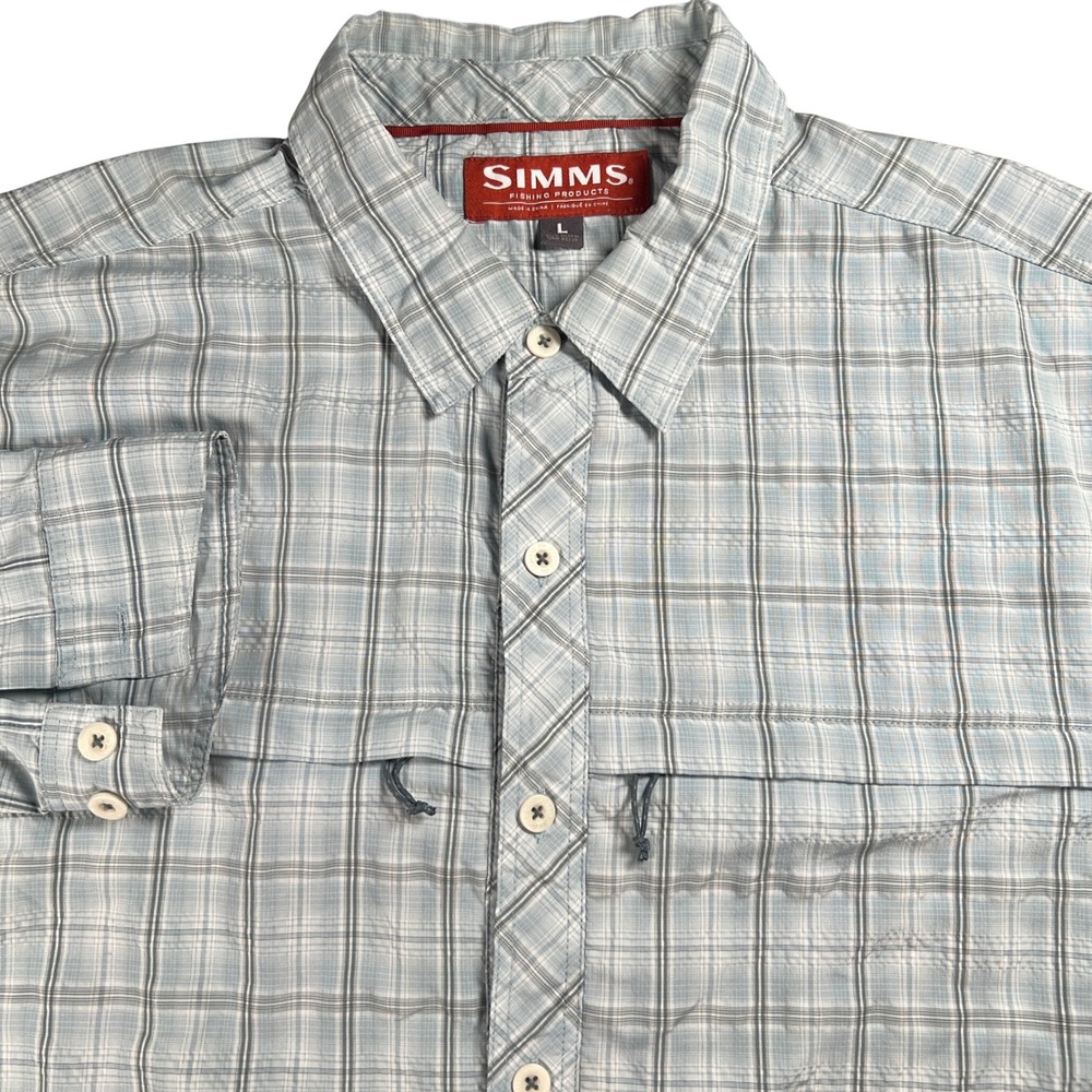 Simms Fishing Guide Shirt Mens L Light Blue Plaid Vented Long Sleeve Button Down